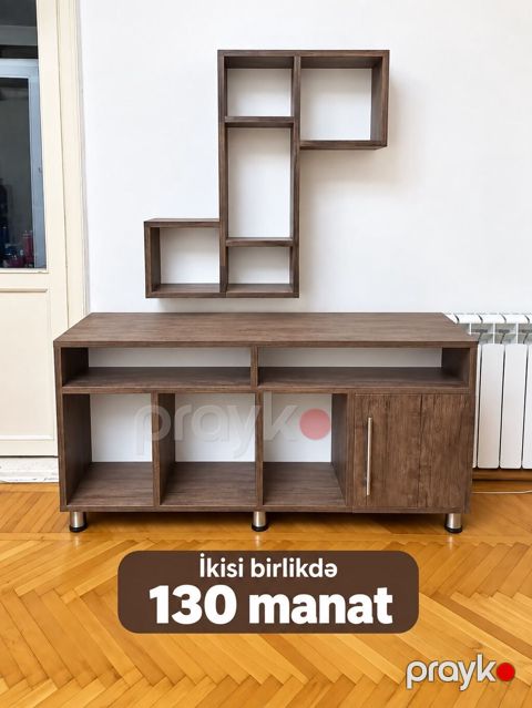TV altlığı + divar rəfi dəsti - Material: ağac fakturalı laminat/MDF — Bakı