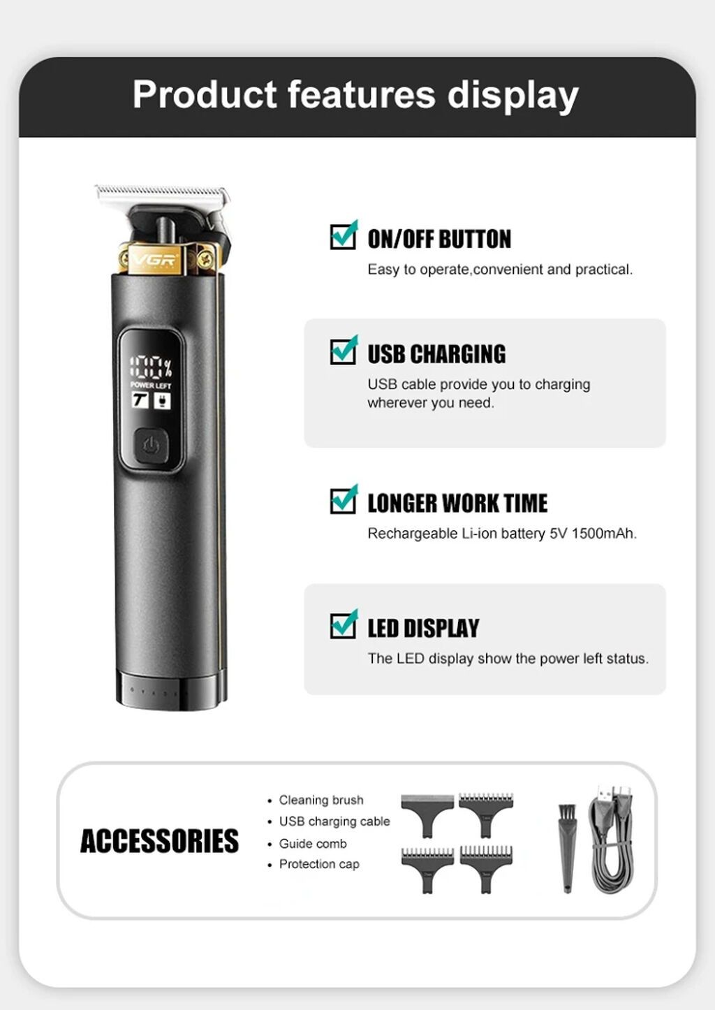 Trimmer VGR 985 - 2 Sürətli - 7500RPM / 1500MAH - 200 Dəqiqə — Saç kəsmə maşınları, Bakı (6)