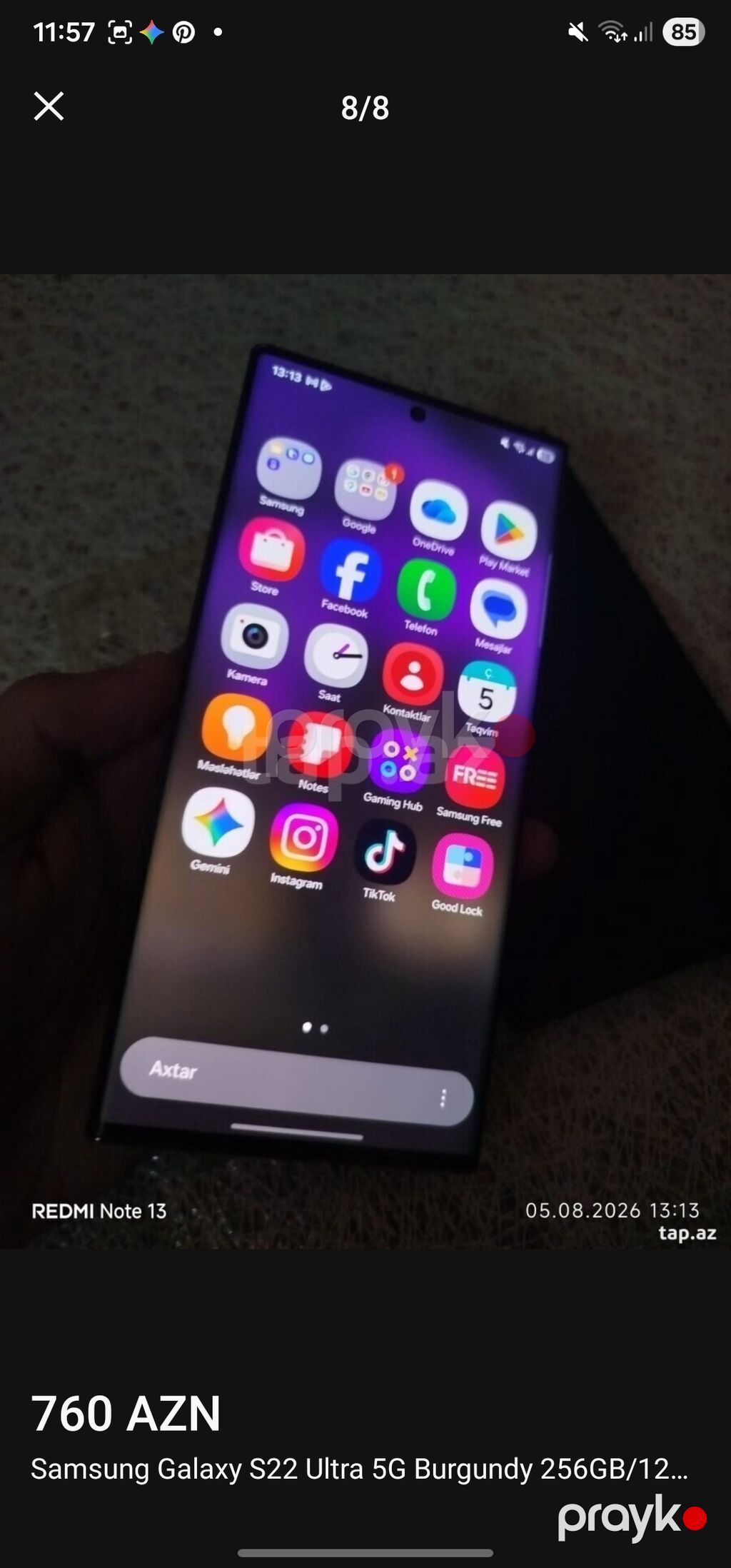 Samsung Galaxy S22 Ultra, 256 GB, rəng - Bənövşəyi, Simsiz şarj — Samsung, Zaqatala (6)