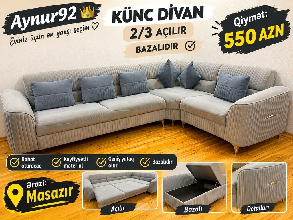 Aynur92 kod0938 Qiymət: 550 AZN Künc divan satılır 2/3 açılır — Mebel, Bakı