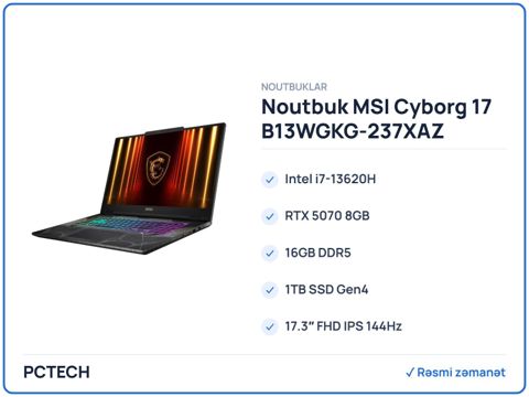 Noutbuk MSI Cyborg 17 B13WGKG-237XAZ (9S7-17U332-237) — Bakı