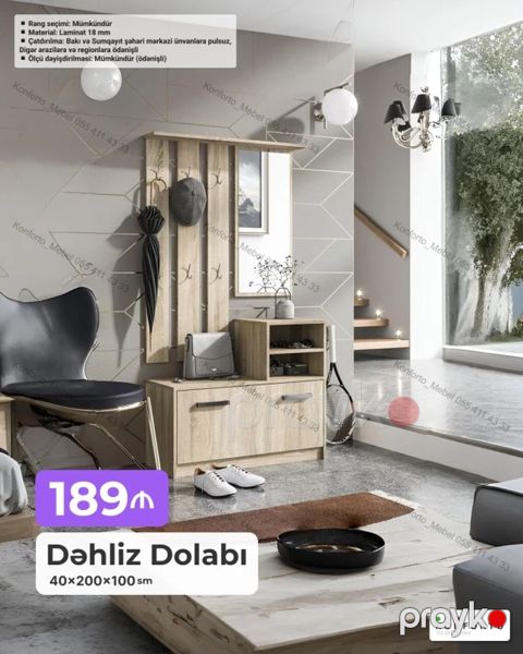 Dəhliz dolabı – 40×200×100 sm - Funksional komplekt: asılqanlı panel — Bakı