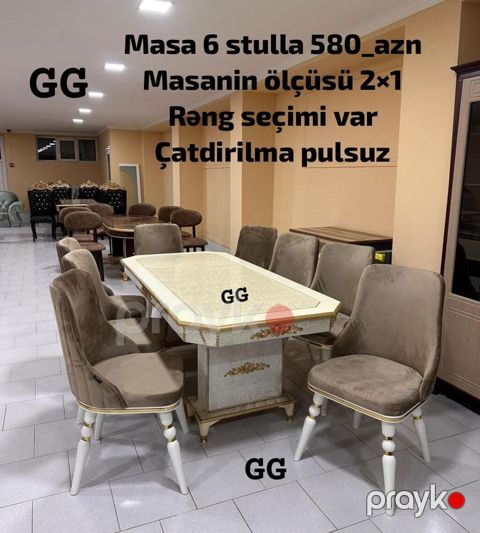 Masa dəsti – 6 stul ilə - Masa ölçüsü: 2×1 m - Klassik üslubda — Bakı
