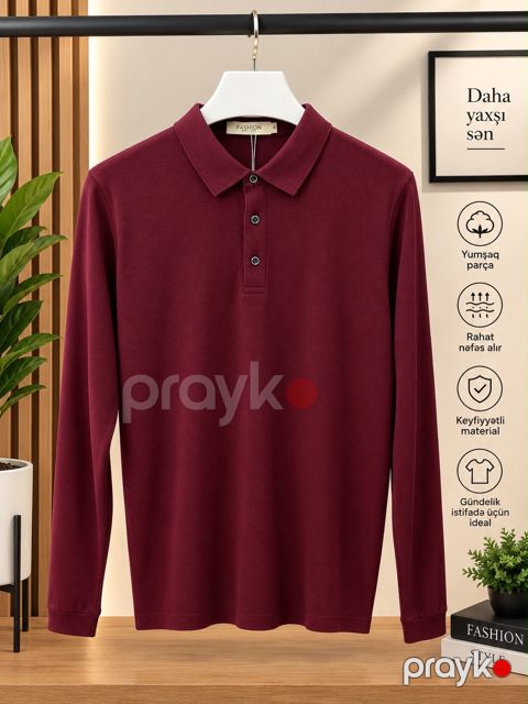 Kişi uzunqollu polo 12981, bambuk, tünd qırmızı, ölçü 3XL — Bakı