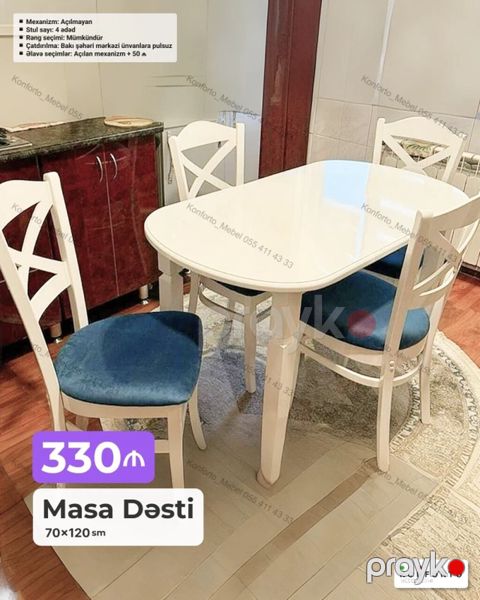 Masa dəsti – 70×120 sm - 4 ədəd stul daxildir - Mexanizm: açılmayan — Bakı