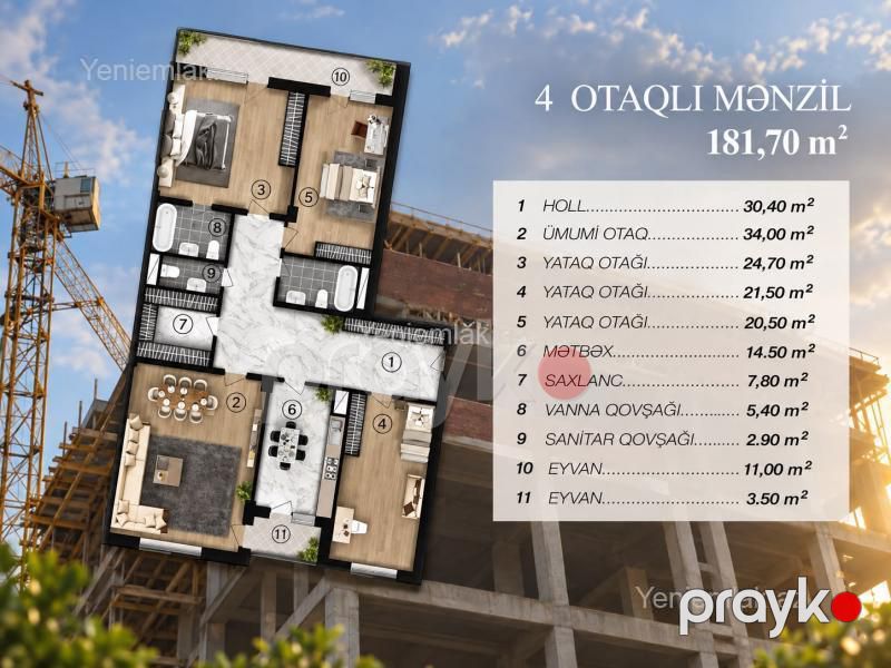 Satılır 4 otaqlı Bina evi menzil (Yeni tikili), 185 m², Nəsimi rayonu — Mənzil, Bakı (6)