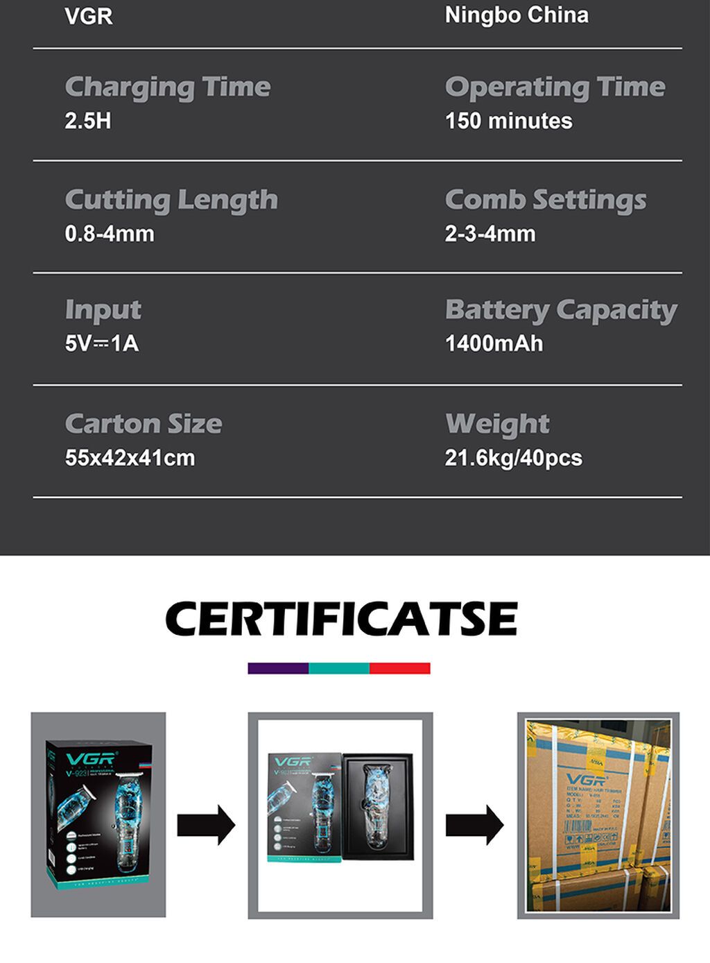 Trimmer VGR 923 - 6000RPM /1400MAH /180 Dəqiqə / Cord/Cordless / Led — Saç kəsmə maşınları, Bakı (10)