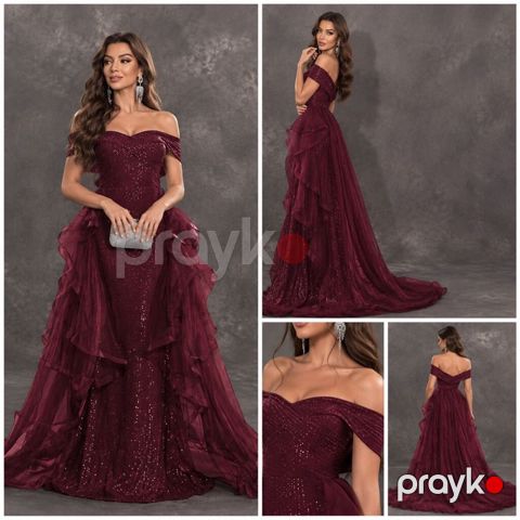 Bordo rəngli ziyafət/gecə libası - Stil: ofşouldər (çiyindən — Bakı