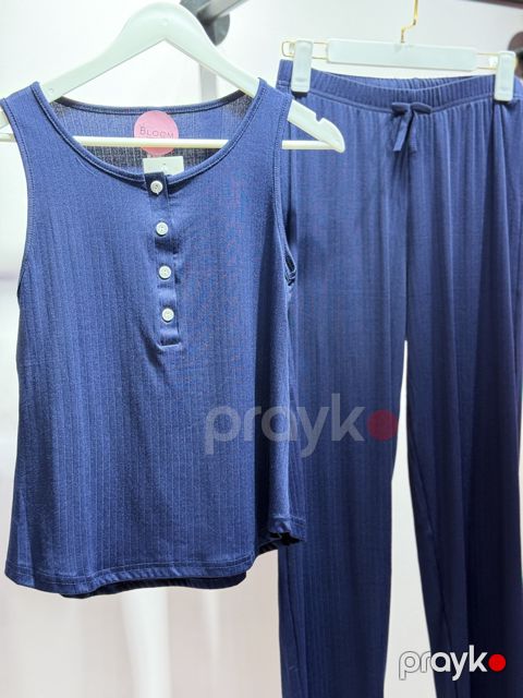 Qadınlar üçün şalvarlı pijama dəsti 01.00004, tünd göy, elastan/viskoz, ölçü L — Bakı