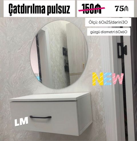 Dəst: asma konsol çekmece + dairəvi güzgü - Rəng: ağ - Konsol ölçüsü — Dolab Taxt Çarpayı Mebel Fabriki ✨Əfsanə.x — Komodlar və tumbalar