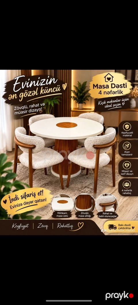 Mətbəx üçün, Yeni, Açılmayan, Yumru masa, 4 stul — Bakı