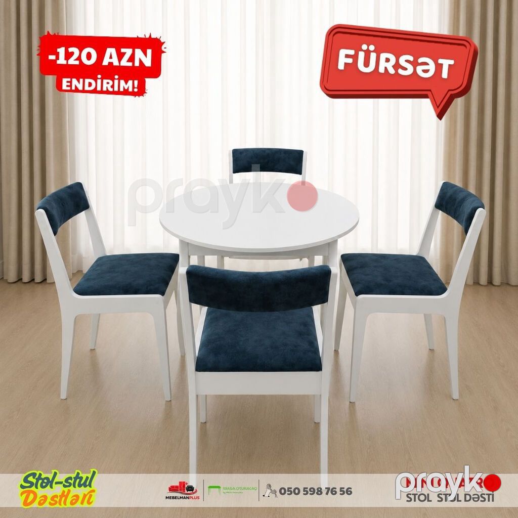Mətbəx üçün, Yeni, Açılmayan, Yumru masa, 4 stul — Masalar və stullar, Bakı (2)