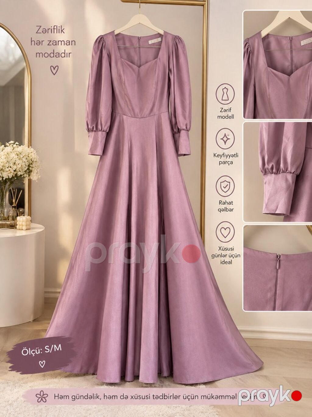 Mauve rəngli, zərif maxi don - Model: kvadrat dekolteli, ürəkvari — Axşam paltarları, Bakı (2)