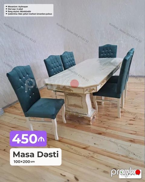 Məhsul: Masa Dəsti - Ölçü: 100×200 sm - Mexanizm: Açılmayan - Stul — Bakı