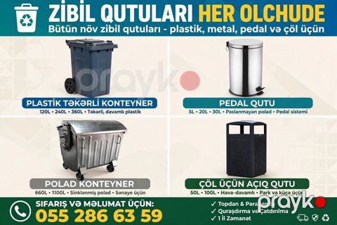 Zibil Qutuları HƏR Ölçüdə - Topdan Təkərli konteyner: 120L 85 — Bakı
