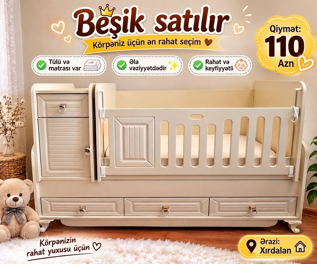 Aynur92 kod(vef) Qiymət: 110 AZN Beşik Satılır Əla vəziyyətdədir — Mebel, Bakı