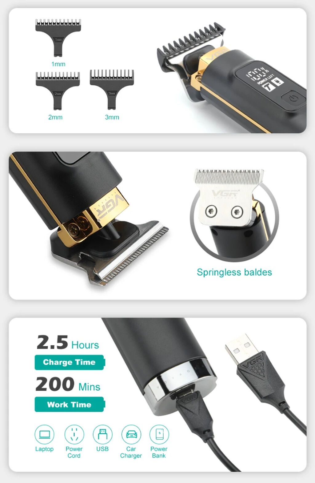 Trimmer VGR 985 - 2 Sürətli - 7500RPM / 1500MAH - 200 Dəqiqə — Saç kəsmə maşınları, Bakı (7)