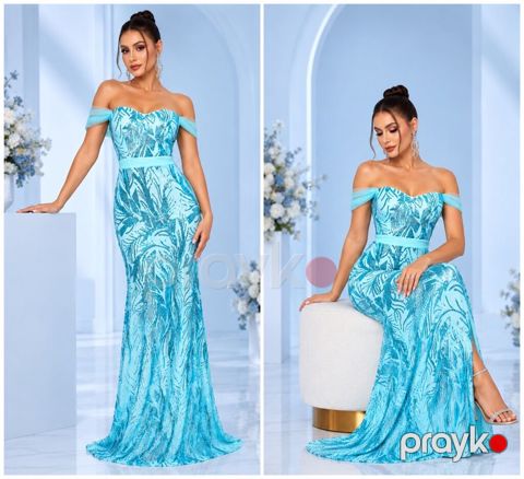 Zərif aqua-mavi rəngli ziyafət/libas - Model: Uzun, balıq kəsimli — Bakı
