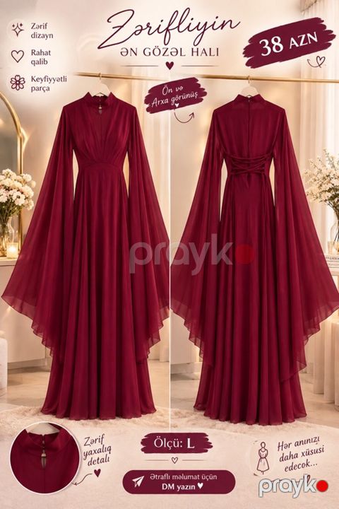 Zərifliklə hazırlanmış bordo rəngli uzun libas - Model: Ön və arxa — Bakı