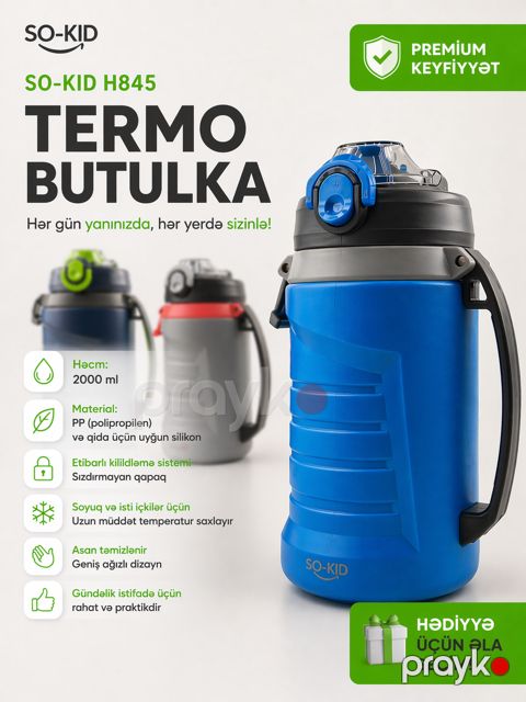 İdman su qabı So-kıd H845, polipropilen/silikon, göy, 2 l — Bakı
