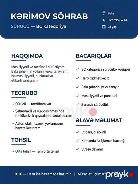 Sürücü — BC kateqoriya Haqqımda - Məsuliyyətli və təcrübəli — Bakı