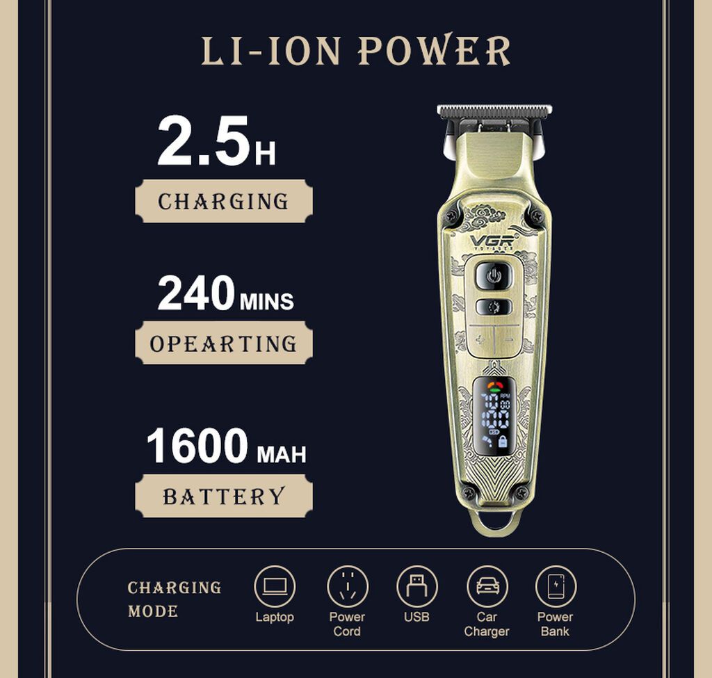 Trimmer VGR 901 - 4 Sürətli - 7000RPM / 1600MAH - 240 Dəqiqə — Saç kəsmə maşınları, Bakı (4)