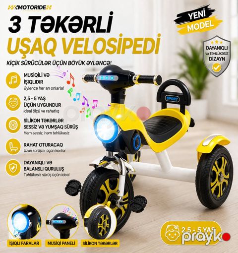 Uşaqlar üçün üçtəkərli velosiped Vip3Teker Mini Moto Pro, 5 yaşadək, sarı — Bakı