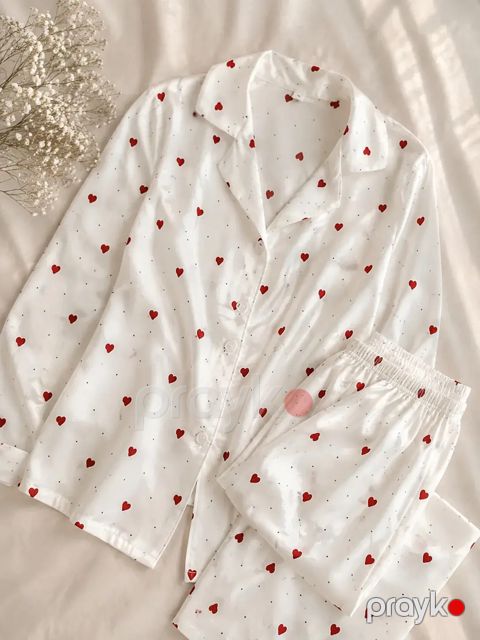 Qadınlar üçün şalvarlı pijama dəsti, ağ/qırmızı, poliester, ölçü 40 — Bakı