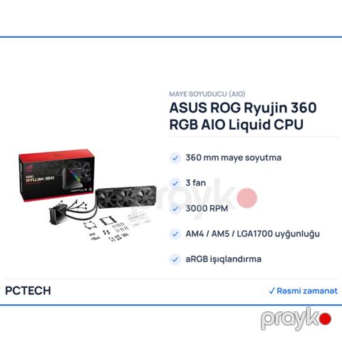 ASUS ROG Ryujin 360 RGB AIO Liquid CPU Cooler (90RC0020-M0UAY0) — Bakı