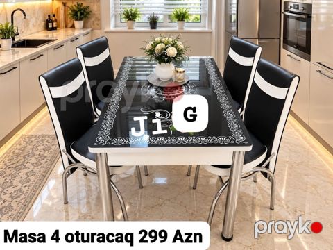 Mətbəx üçün dəst: şüşə səthli masa + 4 ədəd stul - Masa: parlaq qara — Bakı