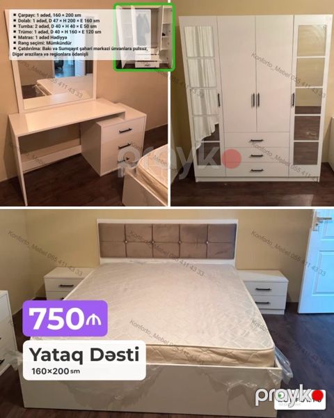 Yataq Dəsti – 160×200 sm Komplekt: - Çarpayı: 1 ədəd, 160×200 sm — Bakı