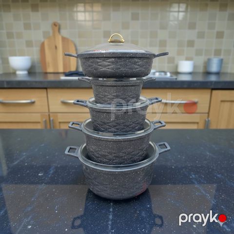 Yemək hazırlanması üçün qab-qacaq dəstləri KahnStore Qazan dəsti, tökmə granit, yanmaz yapışmaz, 4 mm qalınlıq, antibakterial parex qapaqlı, gold metal tutacaqlı, sobada istifadəyə yararlı, spiral alt — Bakı