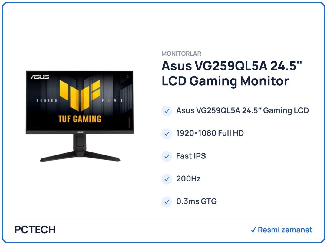 Asus VG259QL5A 24.5" LCD Gaming Monitor (90LM0BK0-B01071) — Kompüterlər və noutbuklar, Bakı
