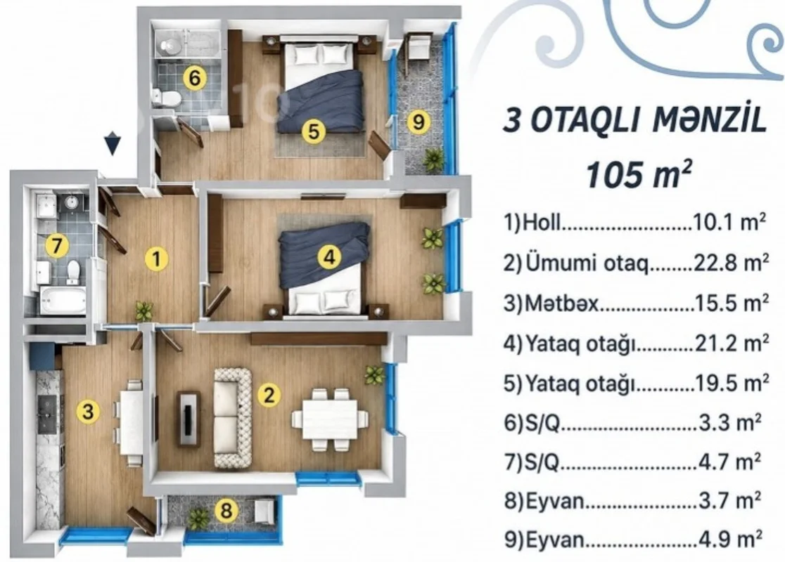 3 otaqlı mənzil, 105 m², Natiq Eliyev Kucesi — Mənzil, Bakı (3)