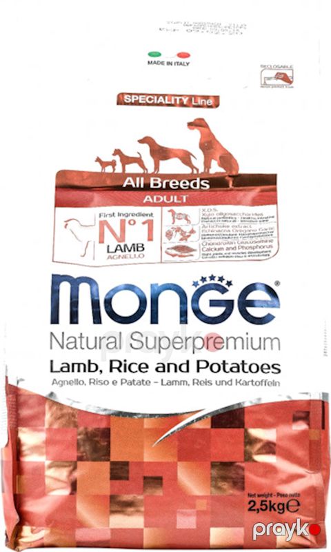 Balanslaşdırılmış tam rasion quru yem Monge Adult Natural Super Premium Lamb, Rice and Potatoes, hər cins yetkin itlər üçün, quzu, düyü və kartof ilə, 2, 5 kq — Bakı