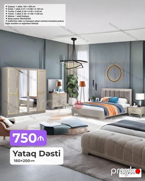 Yataq Dəsti – 160×200 sm Komplekt: - Çarpayı: 1 ədəd, 160×200 sm — Bakı