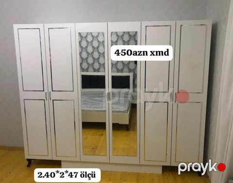 Ağ rəngli 6 qapılı geyim şkafı - Orta hissədə 2 ədəd boy güzgüsü