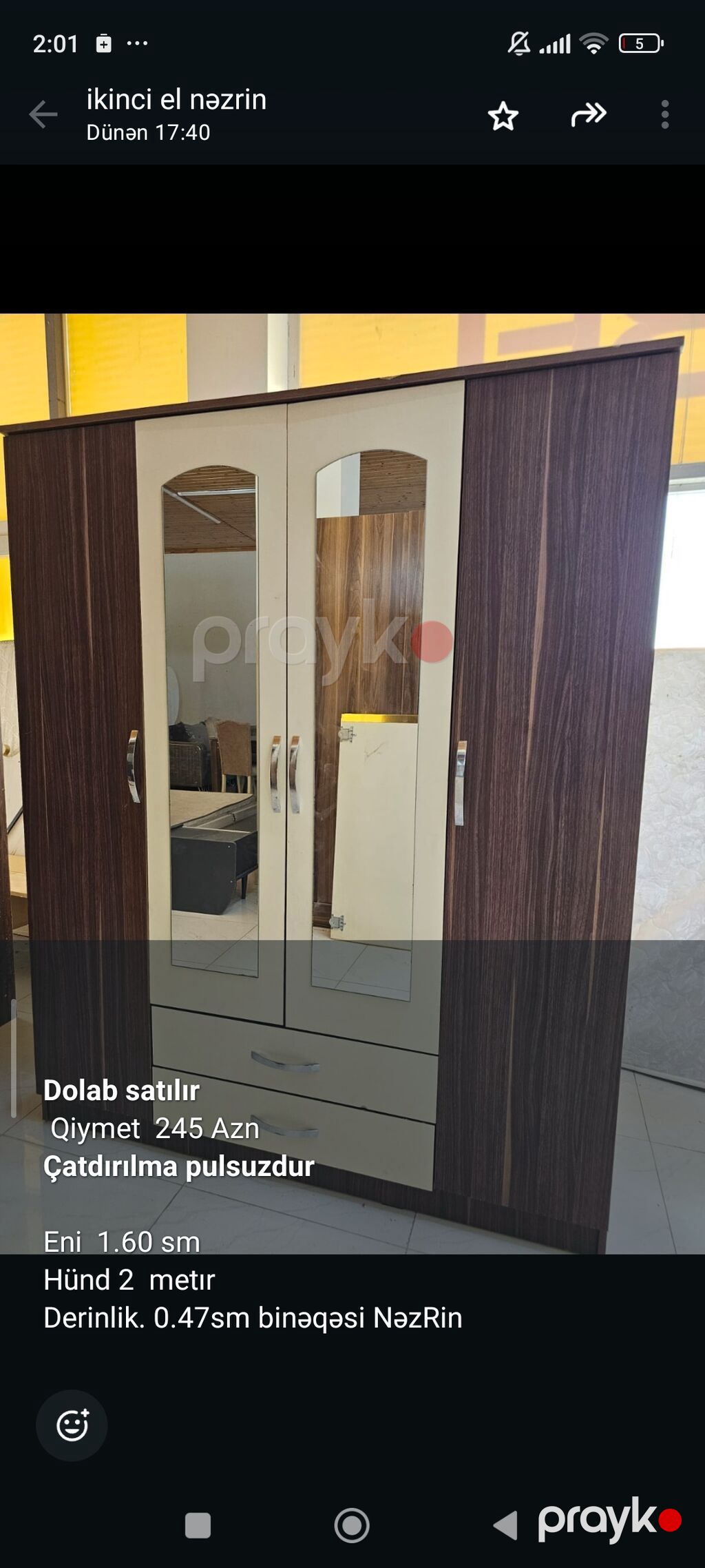 Üç qapılı paltar dolabı - Material: ağac naxışlı laminat, krem rəngli — Şkaflar, Xudat (2)