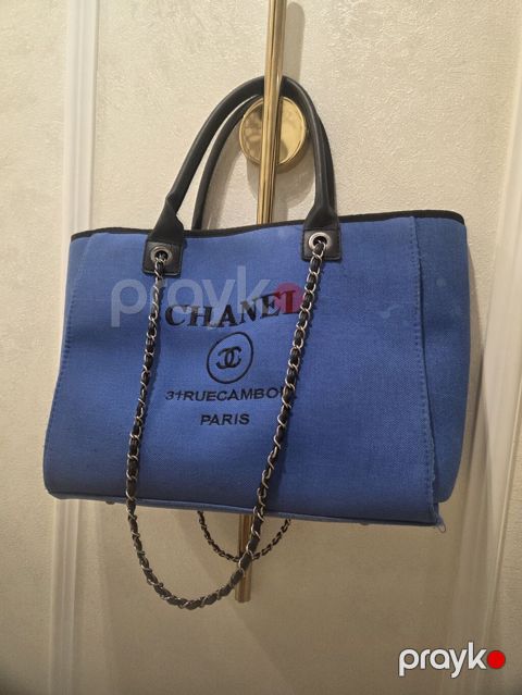 Chanel Grand Shopping Tote üslubunda mavi kanvas çanta - Material — Bakı