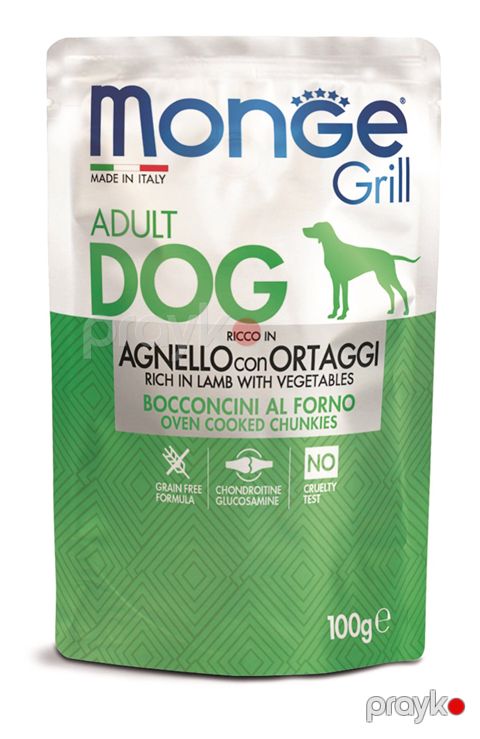 Yaşlı itlər üçün super-premium keyfiyyətli tam rasionlu yem Monge Grill Adult Rich in Lamb quzu əti və tərəvəzlər əsasında bişirilmiş tikələr 100 q — Bakı