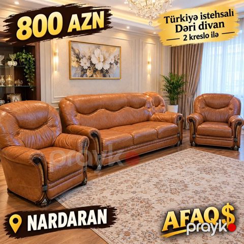 800 Azn Deri Turkiyye istehsalli Divan ve 2 eded kreslo.əla — Bakı