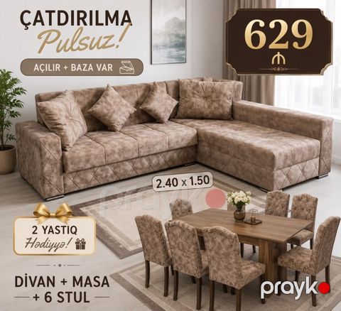 Divan + Masa + 6 Stul dəsti - Künc divan: açılır mexanizmli, bazalı — Bakı