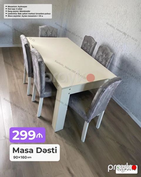 Məhsul: Masa dəsti - Ölçü: 90 160 sm - Komplekt: 1 masa + 6 stul — Bakı