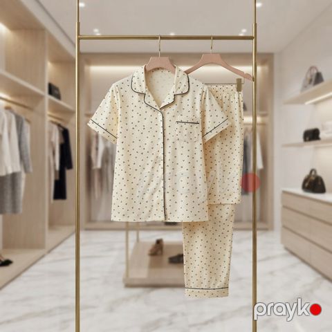 Qadın şalvarlı pijama dəsti 10235, parça, ağ, qara ürək cizgili, ölçü L — Bakı