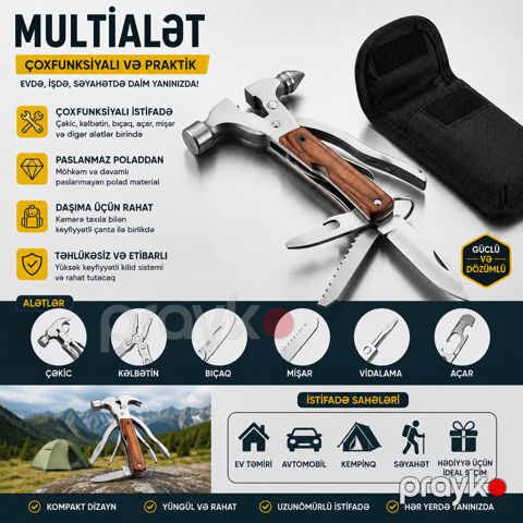Multialət, Kempinq üçün/Universal, Paslanmayan polad, Narıncı — Bakı