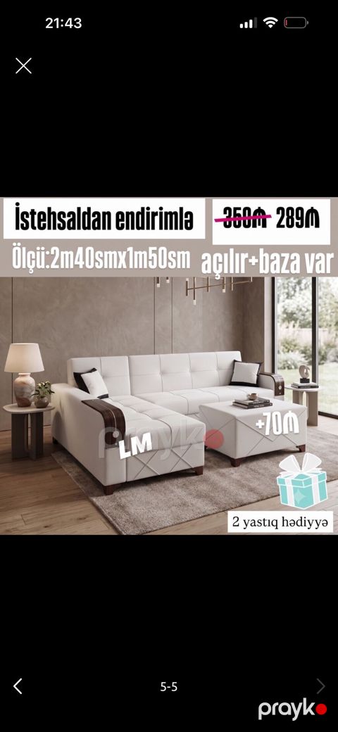Künc divan dəsti – açılır və bazalı model Ölçü: 2 m 40 sm x 1 m 50 sm — Bakı