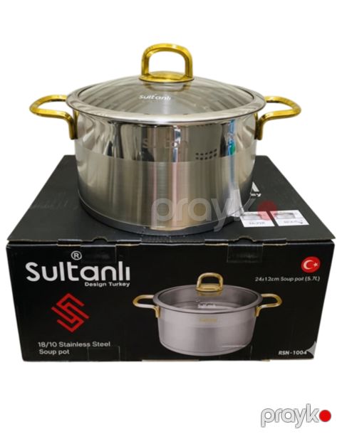 Qazan Sultanlı, 24x13 sm, 5.7 l, paslanmaz polad, qapağı şüşə, tutacaqları qızılı, Türkiyə istehsalı, gümüşü - KahnStore030179 — Bakı