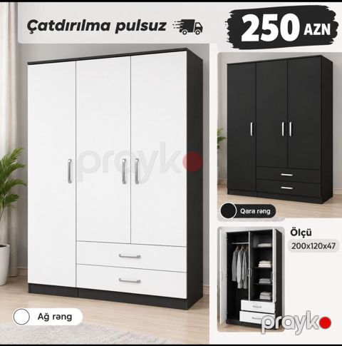 Üç qapılı paltar şkafı – 200×120×47 sm - Rəng seçimləri: ağ və qara — Bakı