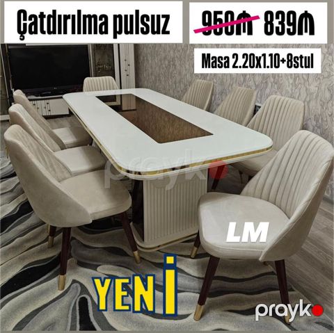 Yemək otağı üçün dəst: - Masa ölçüsü: 2.20 x 1.10 m - 8 ədəd stul — Bakı