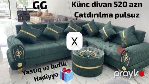 Künc divan dəsti – zümrüd yaşıl rəng, qızılı dekor detallar və oyma — Bakı